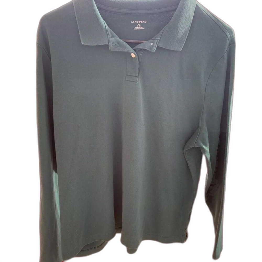 Lands End Cotton Collared Long Sleeve Top In Green